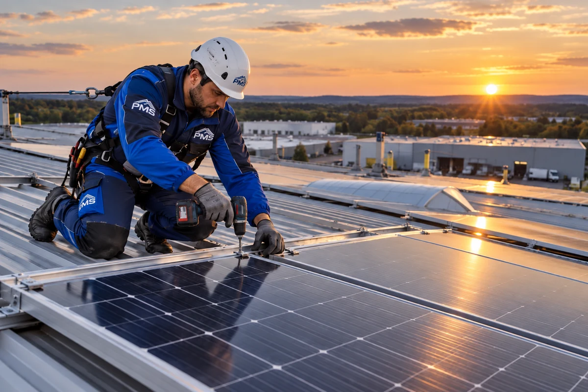 Monteur bei der Befestigung von Solarmodulen auf einem Industriedach