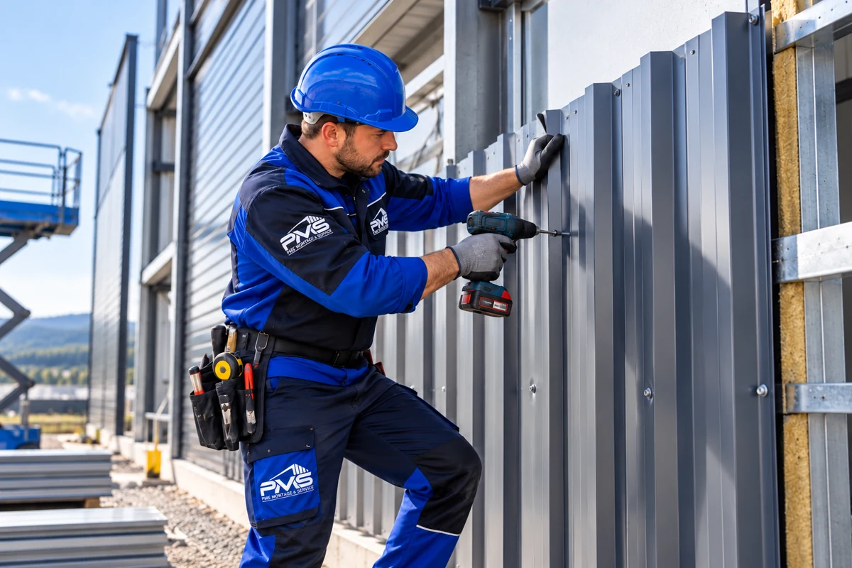 Monteur befestigt Blechverkleidung an einer Metallunterkonstruktion